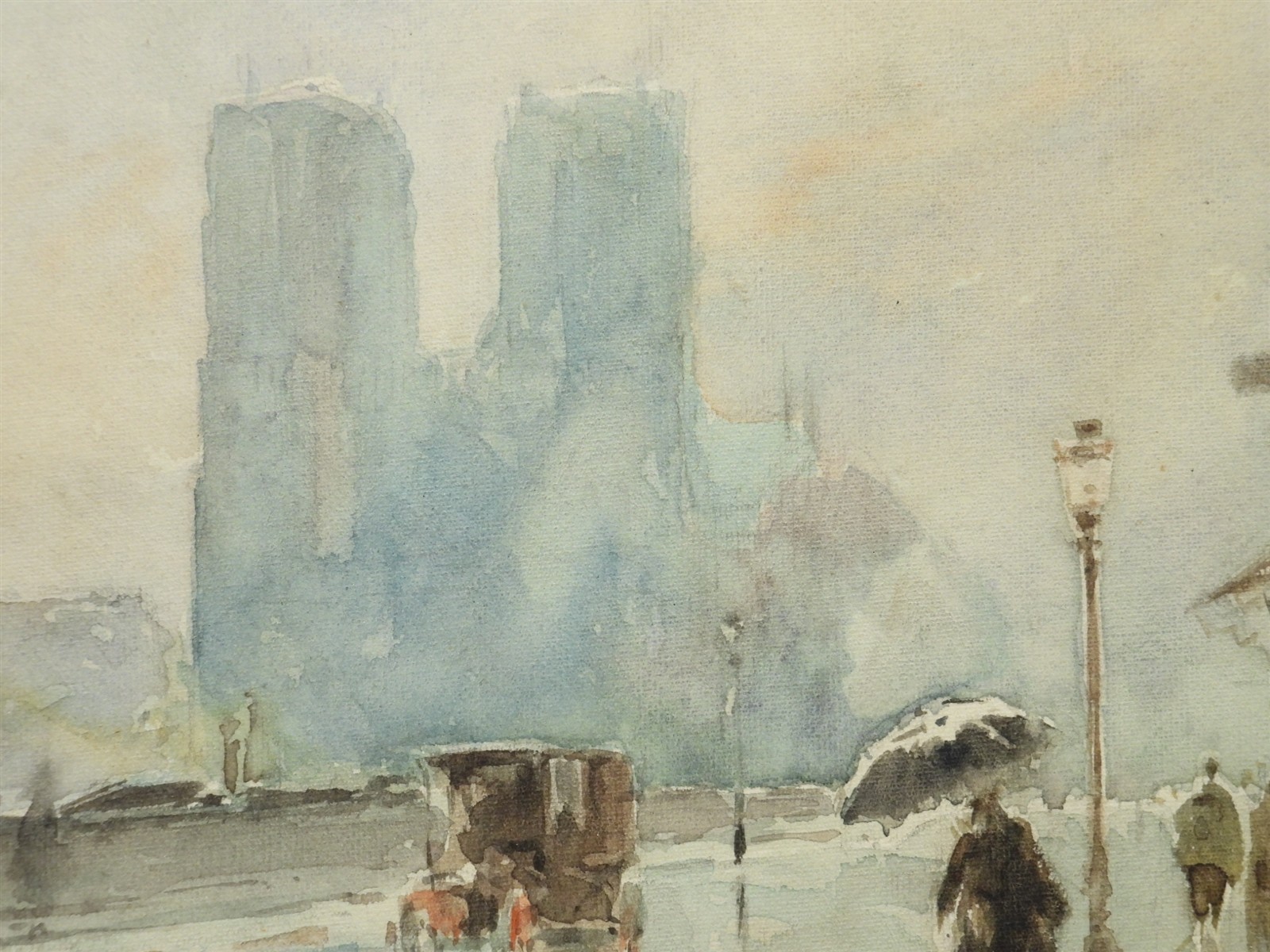 Rene Leverd French Artist Misty Day Street Scene in France WC Painting