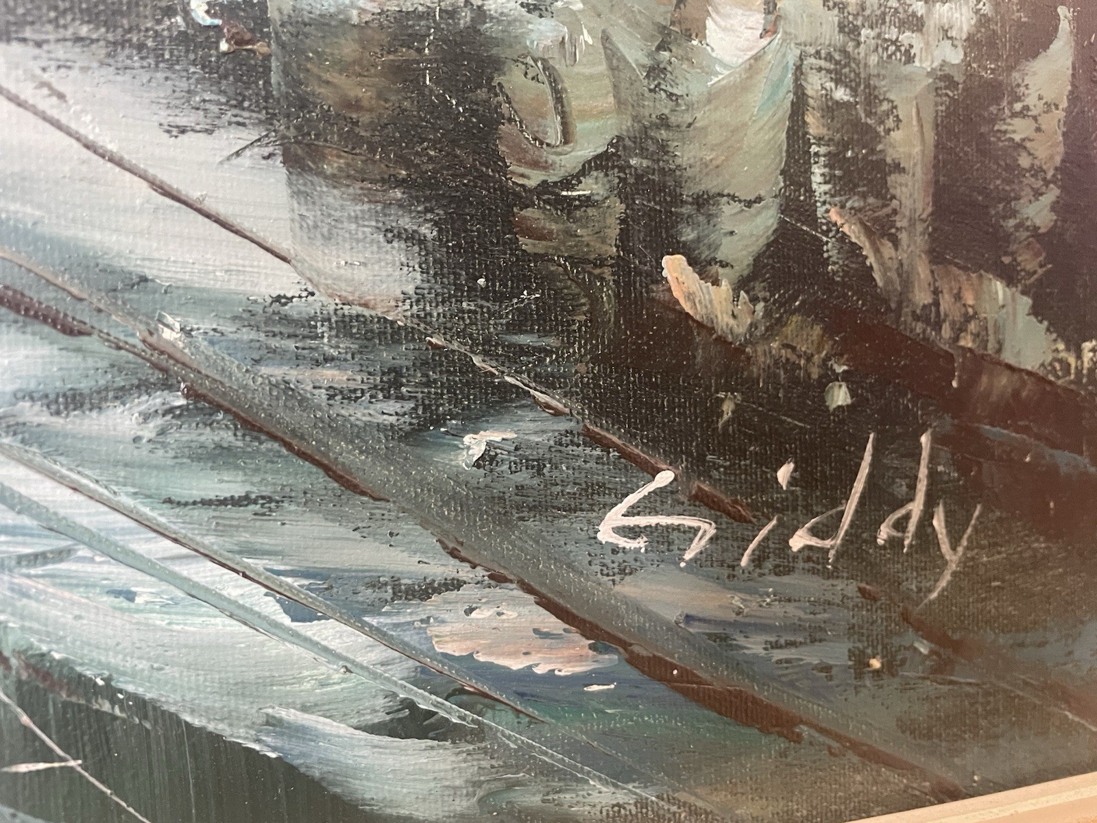Seascape Boats In Harbor Oil On Canvas Large 53”x 27″ Signed Giddy Framed Ships
