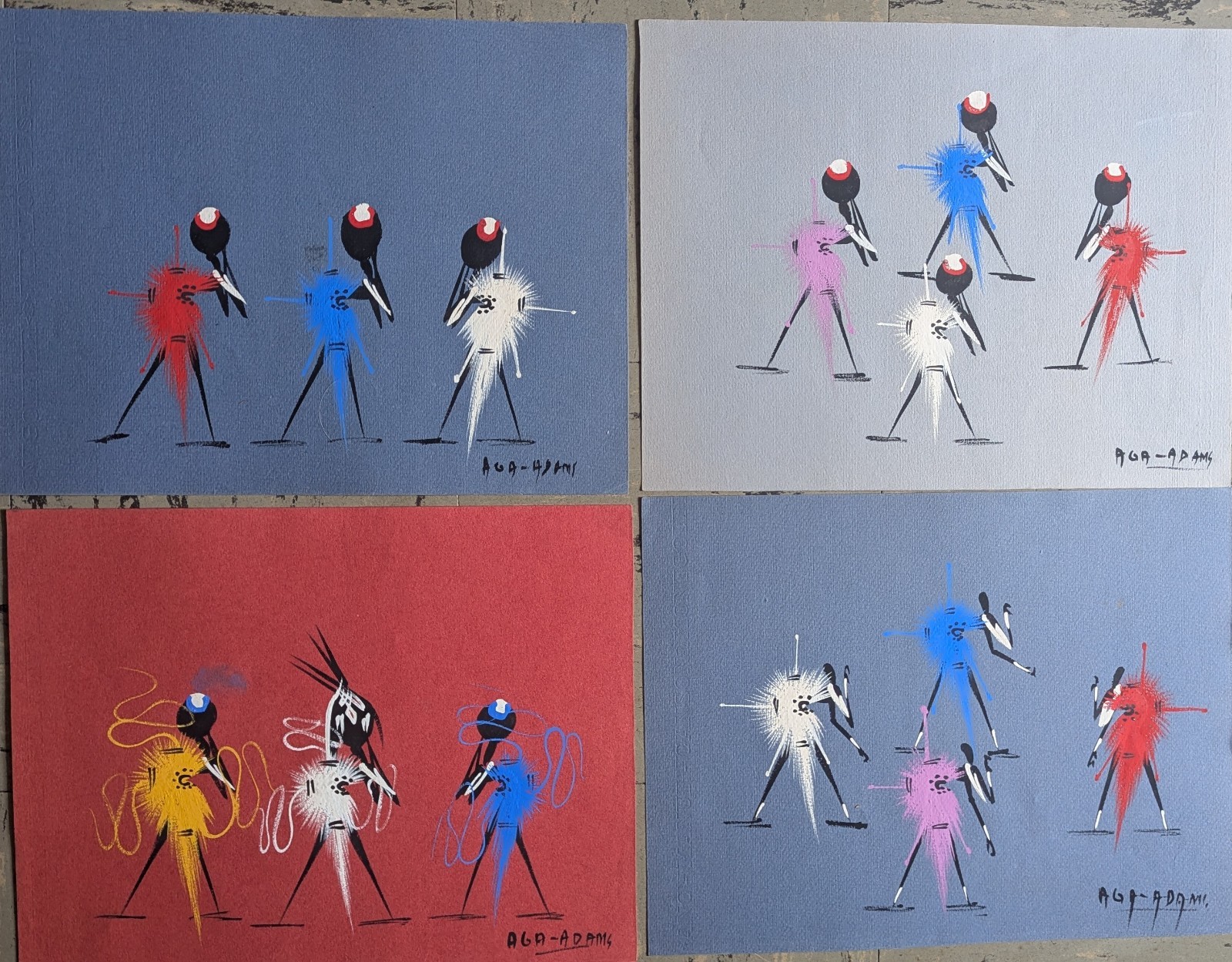 4 BRAZZAVILLE- CONGO MCM African Folk Art Signed Gouache Painting MIDCENTURYMOD
