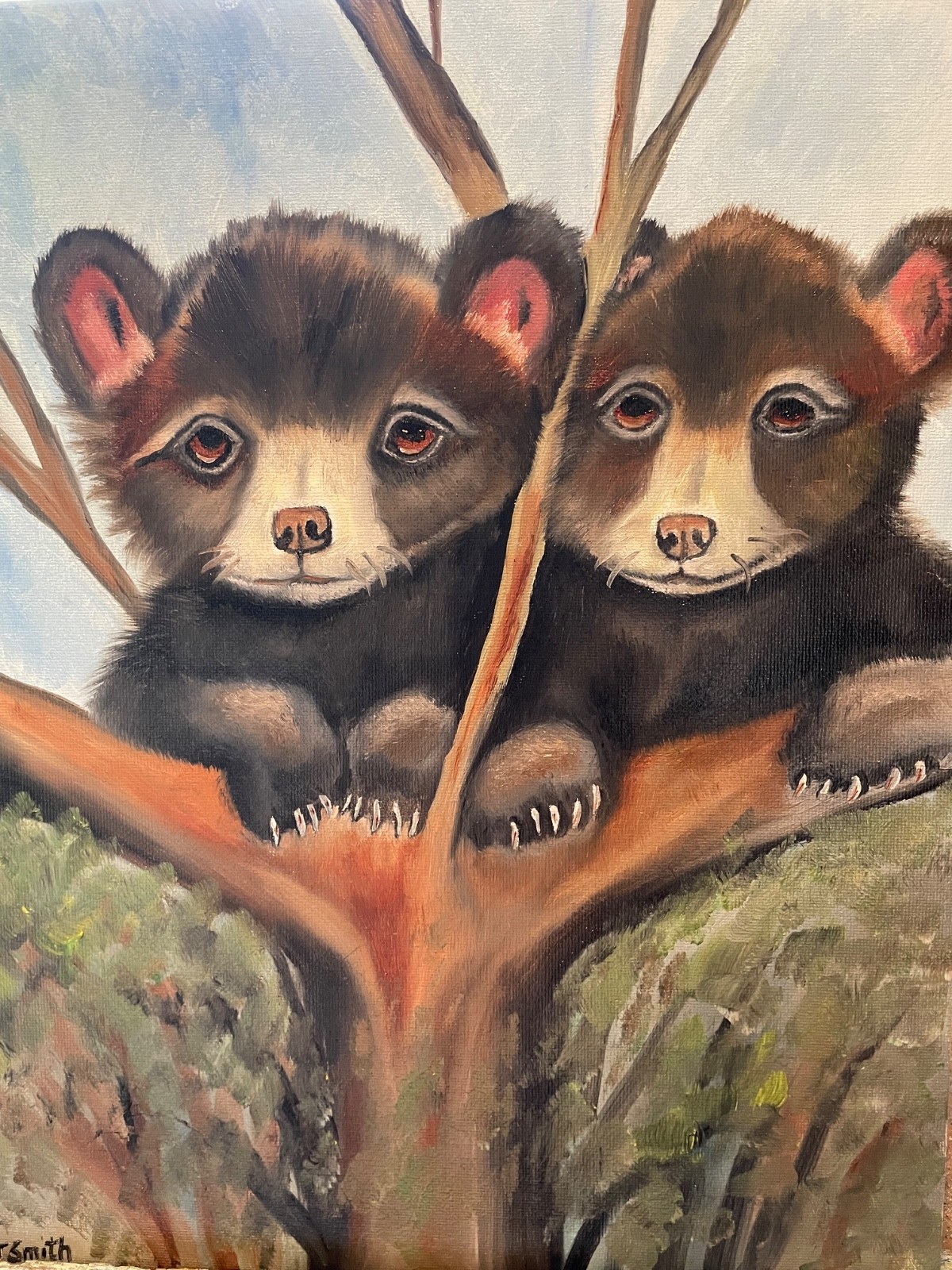 Original oil painting signed 11 x 14 in Bear cubs in a tree