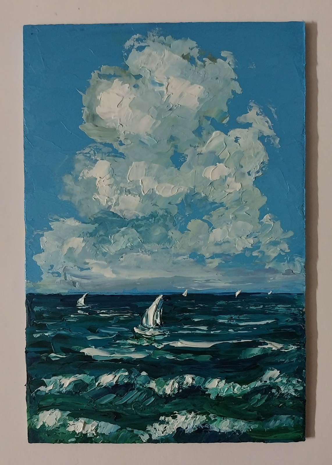 Framed Sailboats Art Cloudy Sky Seascape 4×6 inch Impasto Oil Painting Original