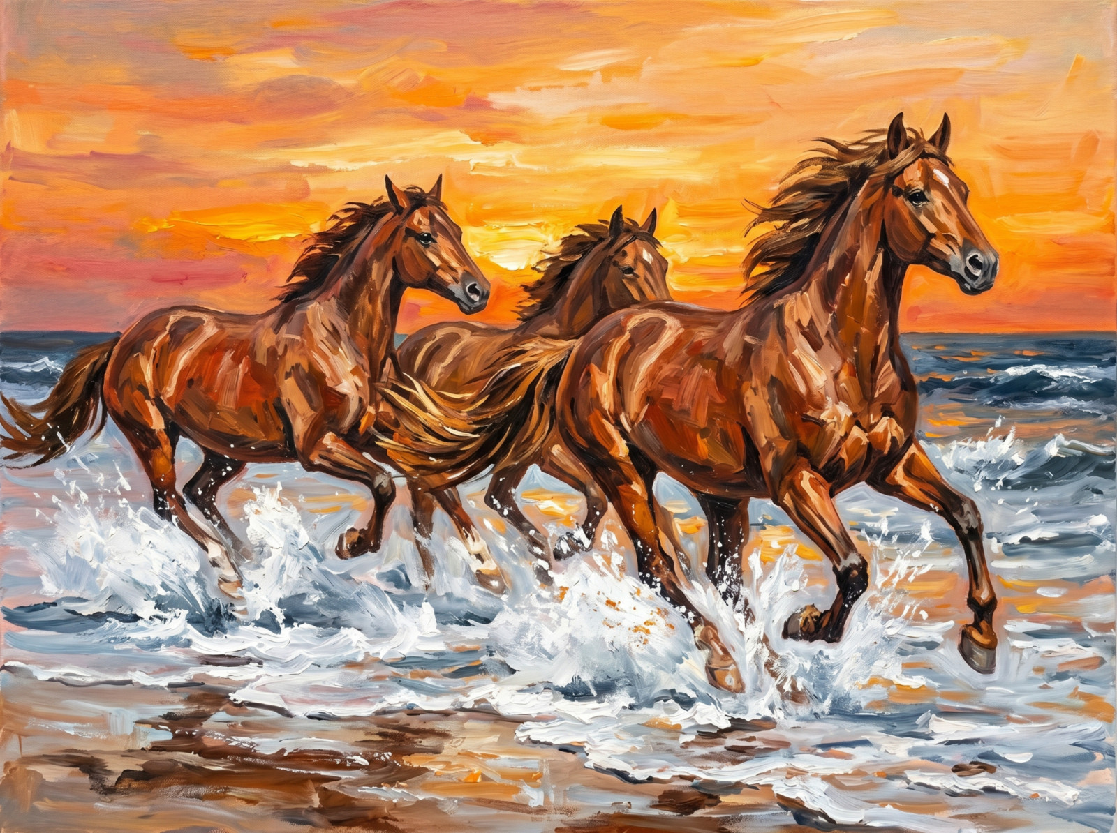Wild Horses Sunset Ocean Waves Framed Canvas Print Wall Art 12×16