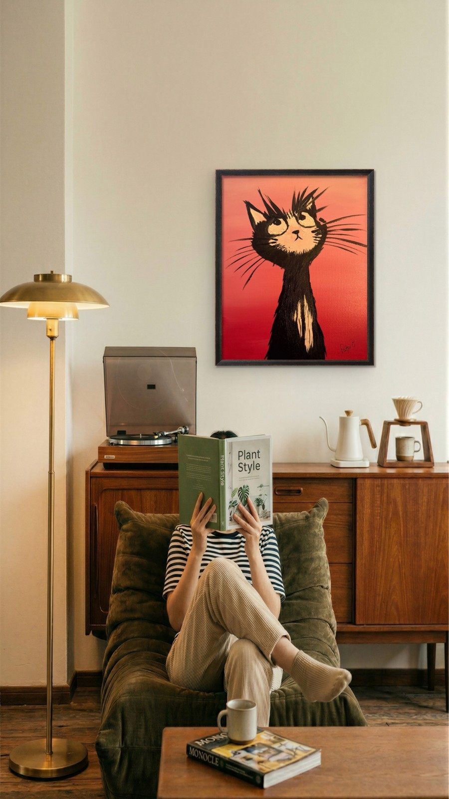 Whimsical Folk Art Cat Portrait Painting Original Art 14×11 Canvas Signed Black