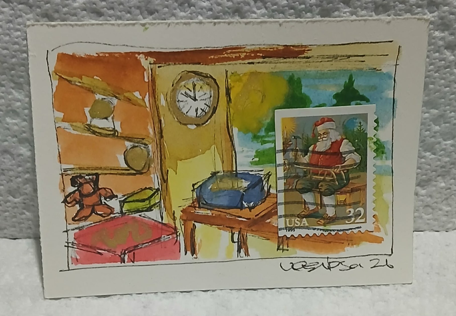Postal Whimsy ACEO OOAK – 32¢ Santa 1995 Victorian Christmas Workshop Scene