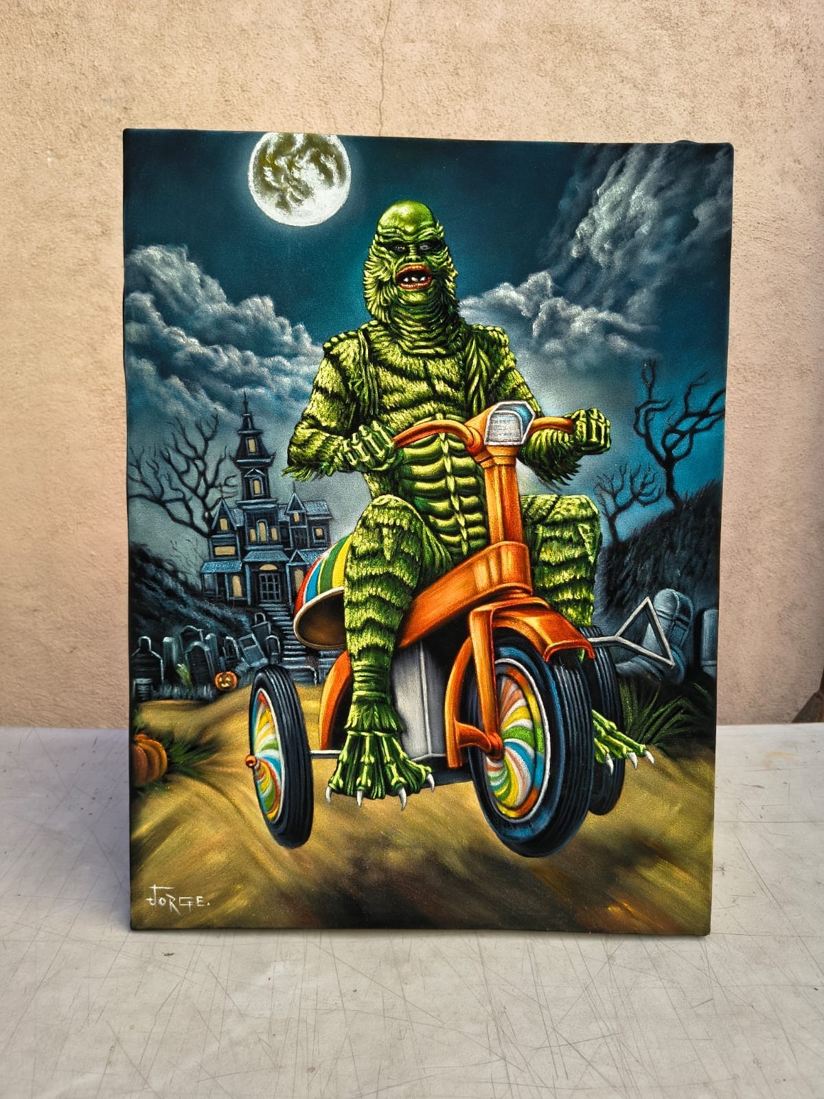 Creature from The Black Lagoon MasterPiece Art Black Velvet Oil Painting 18 x 24