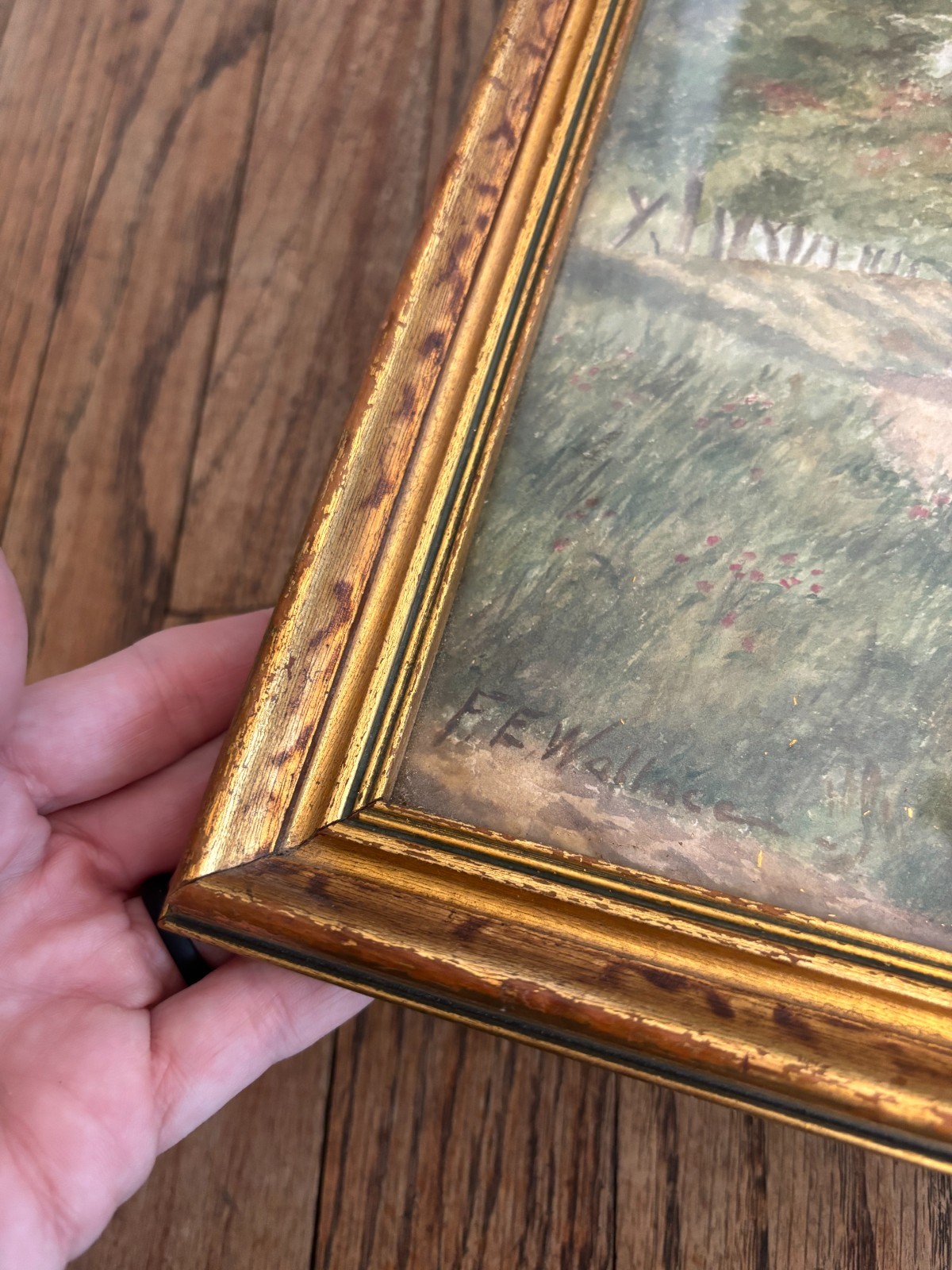 Antique 1890s-1920s Watercolor Rural Road Landscape Painting Gold Framed 9×14