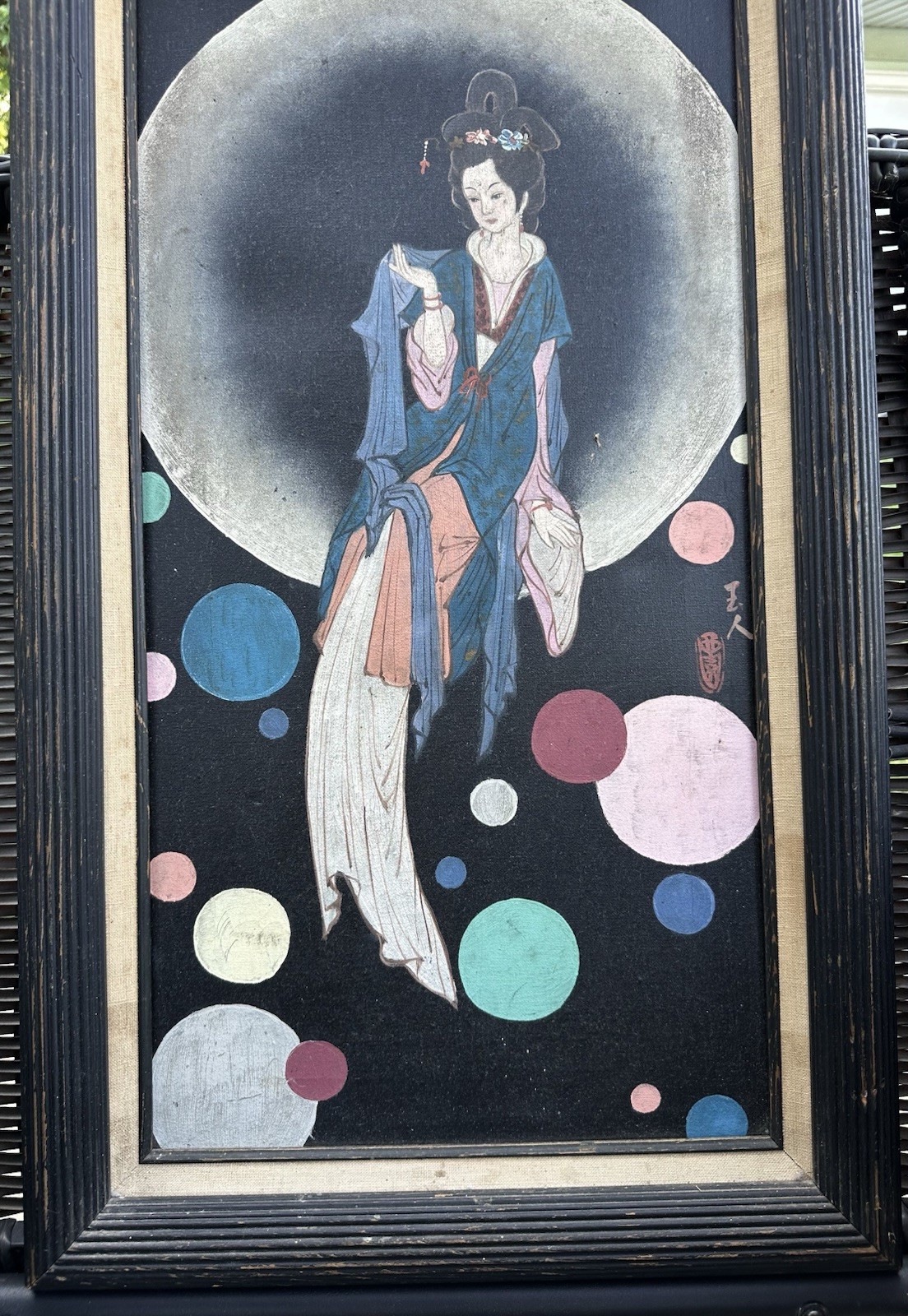 Vintage Mid Century MCM Framed Asian Chang’e Moon Goddess Painting 12”x24”