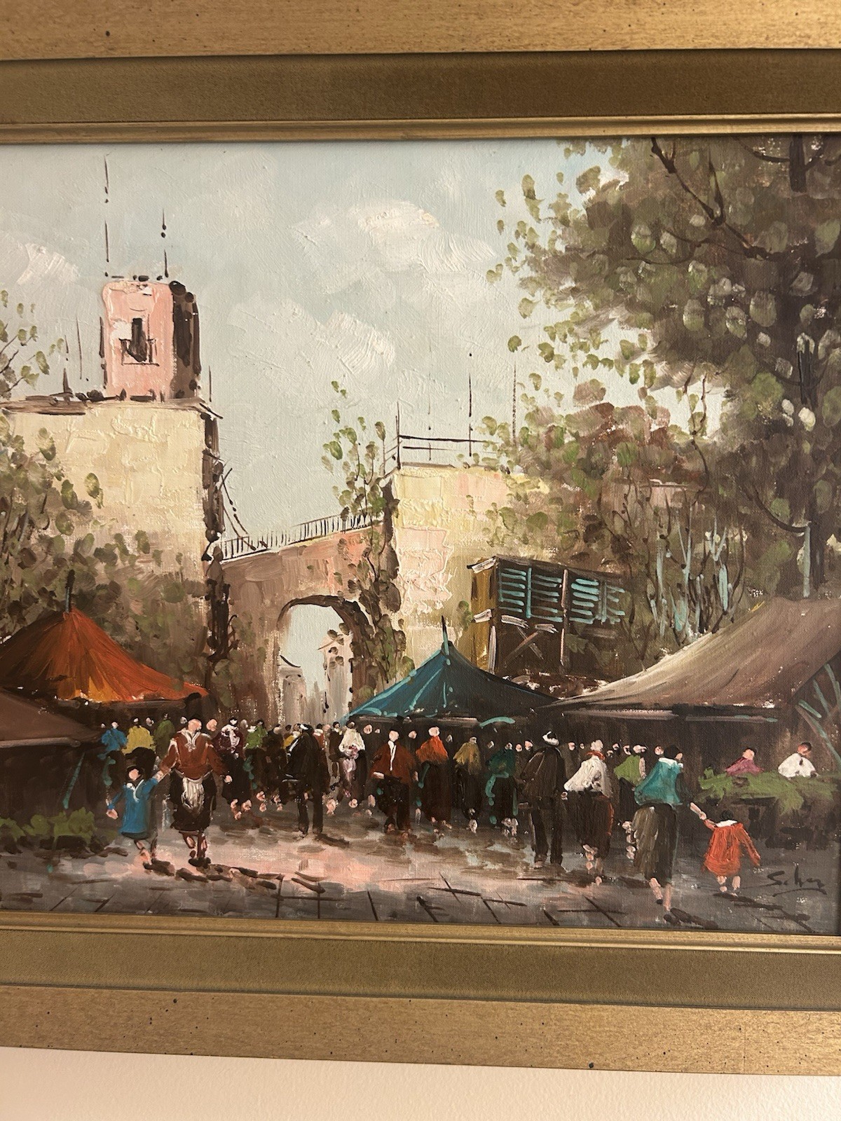 Signed Framed Impressionist Oil on Canvas City Street Market Scene 12×16