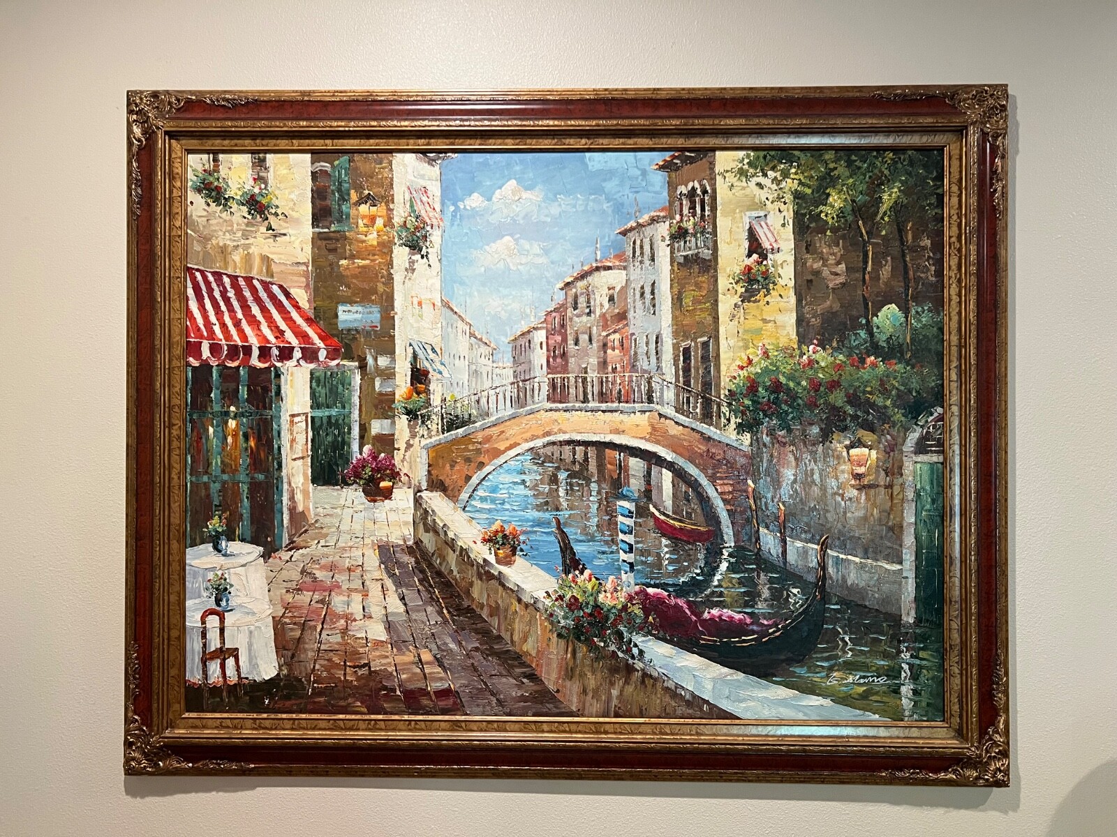 56″ X 44″ Venetian canal scene executed in a thick, textural impasto
