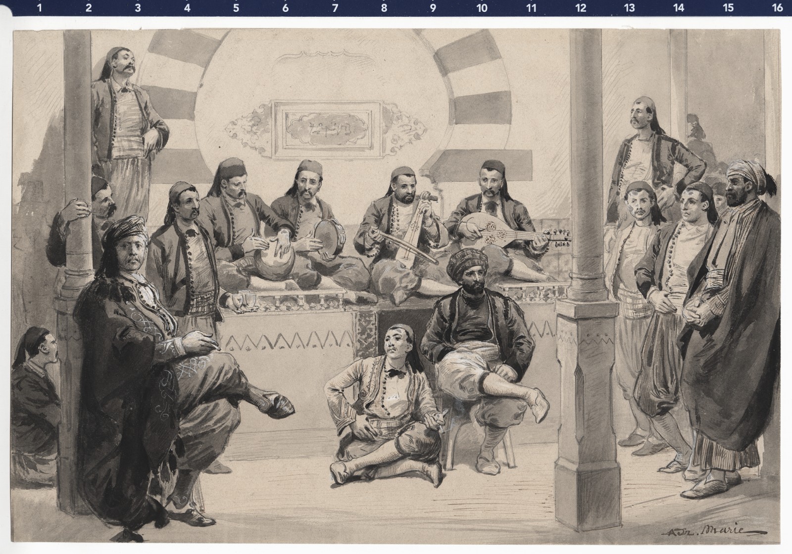 1878 Tunisian Musicians at Paris Universal Exposition Watercolor by ADRIEN MARIE
