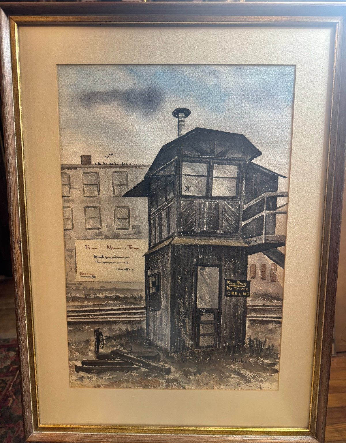 Vintage J Taylor “Urban New Jersey Railroad Scene” Watercolor Painting – Framed