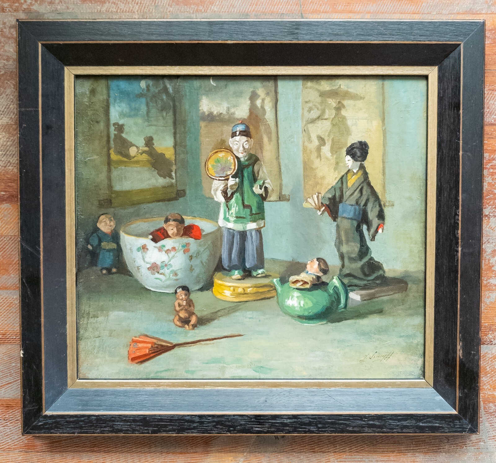 Antique Oil on Canvas Painting of Chinoiserie Chinese Dolls Signed Illegibly
