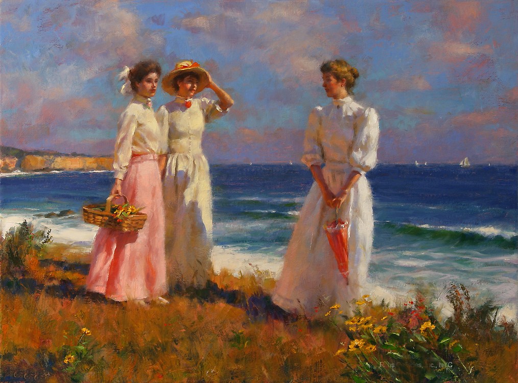 Impressionist Three Ladies on Beach Oil Painting Vintage Seaside Women Canvas