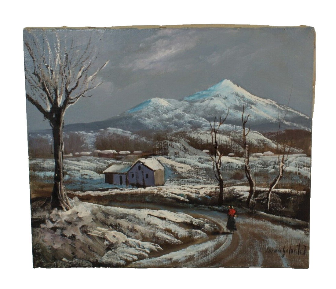 Vintage Winter Landscape Snow Cottage Scenery Oil Painting Signed Illegible