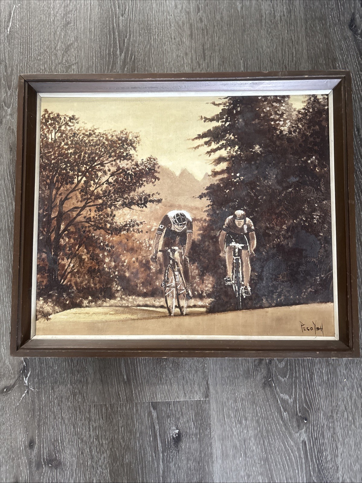 Original Peco Yeh Tour de France bicycle Painting Signed 1960/70s 15X18”