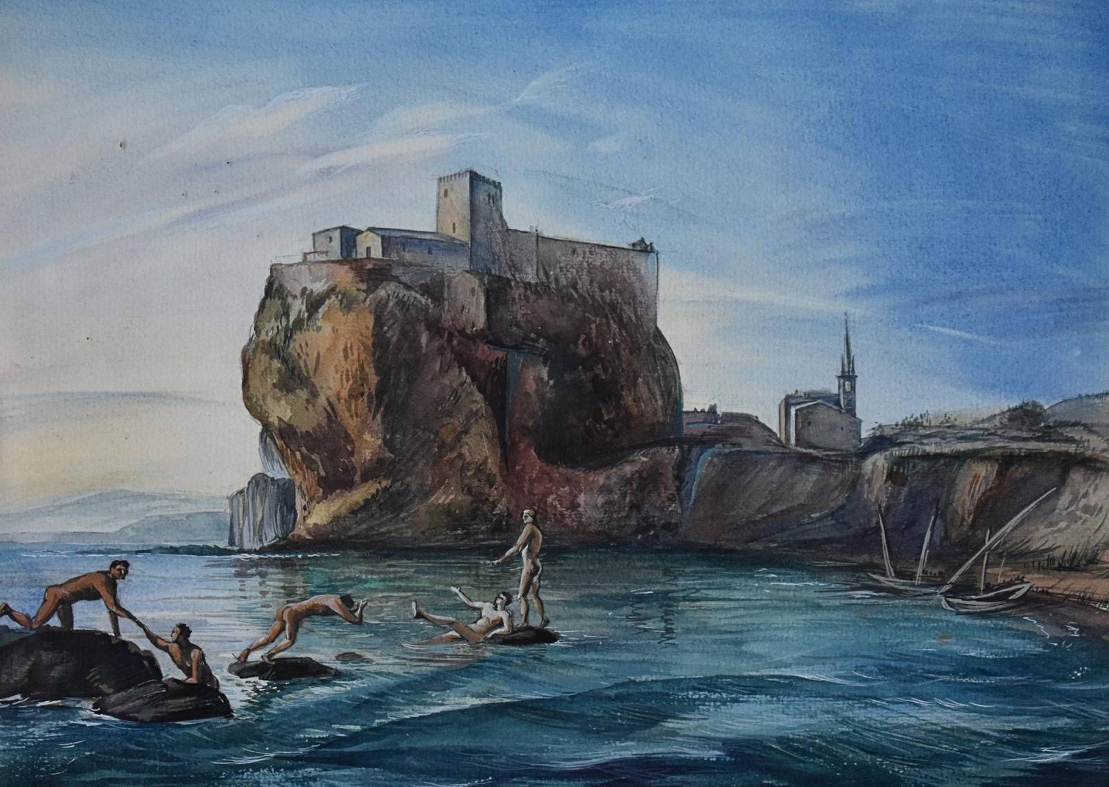 FISHERFOLK FIGURES ON THE BEACH BATHING NAKED A PAIR c185080s WATERCOLOURS UNSIG