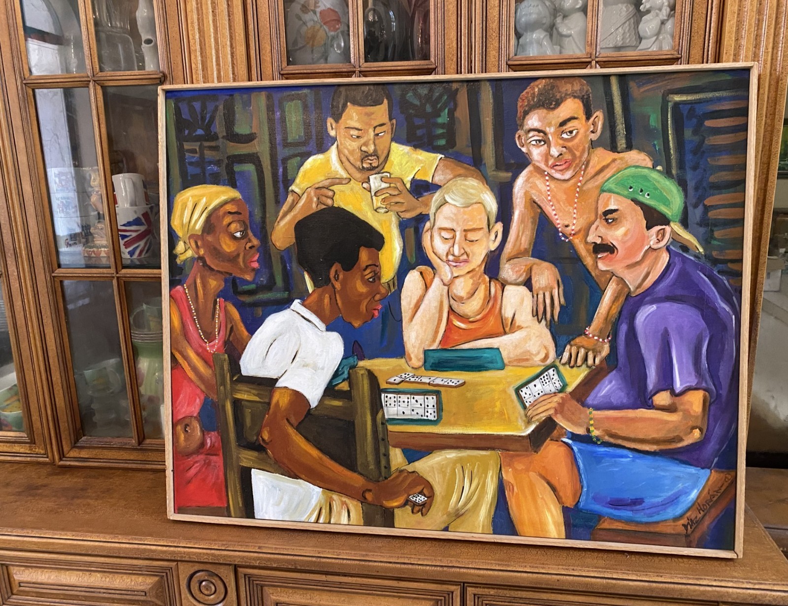 DOMINO PLAYERS by DIAZ MORAN, PAINTING ON CANVAS SIGNED & FRAMED, UNIQUE