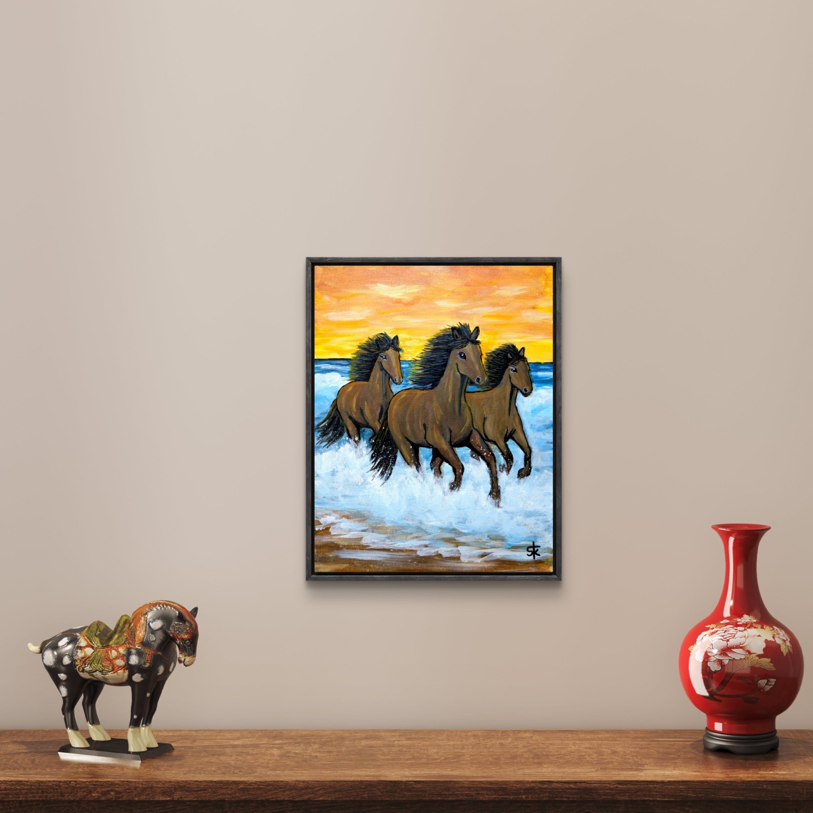 Original Signed 11×14 Wild Horses Surf Acrylic Canvas Expressionist Home Art
