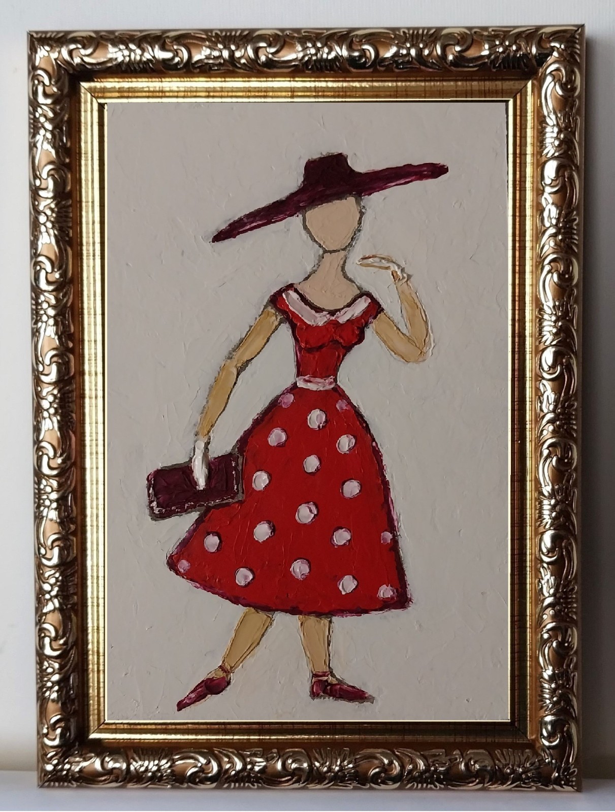 Framed Lady In Red 50s Style Fashion Faceless Portrait 4×6 Oil Painting Original