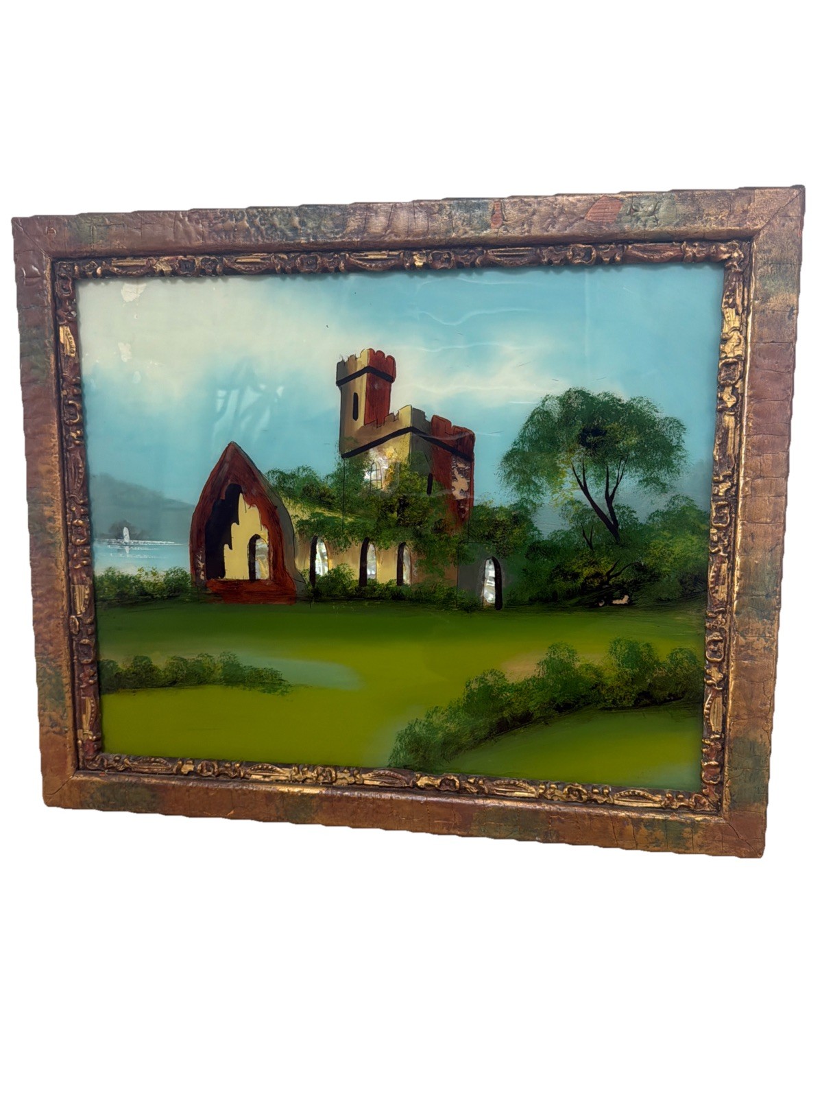 Vintage Framed Church Art Reverse Painted Glass Ornate MOP Details SEE PHOTOS