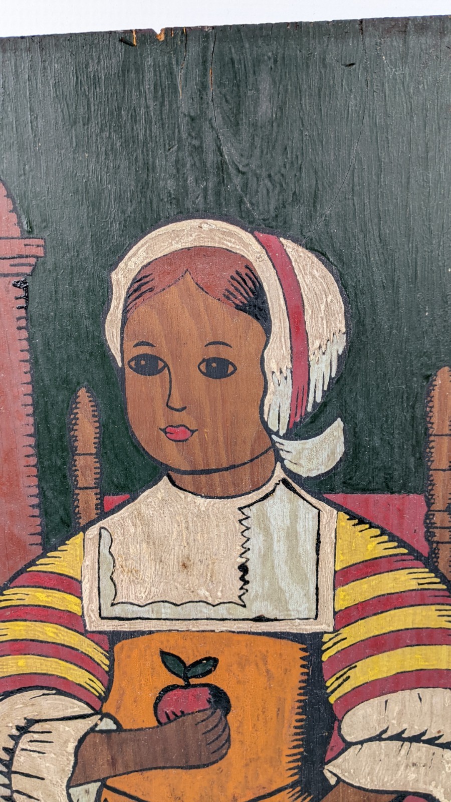 Vintage Naive Primitive Folk Art Oil Painting on Board Dutch Woman With Apple