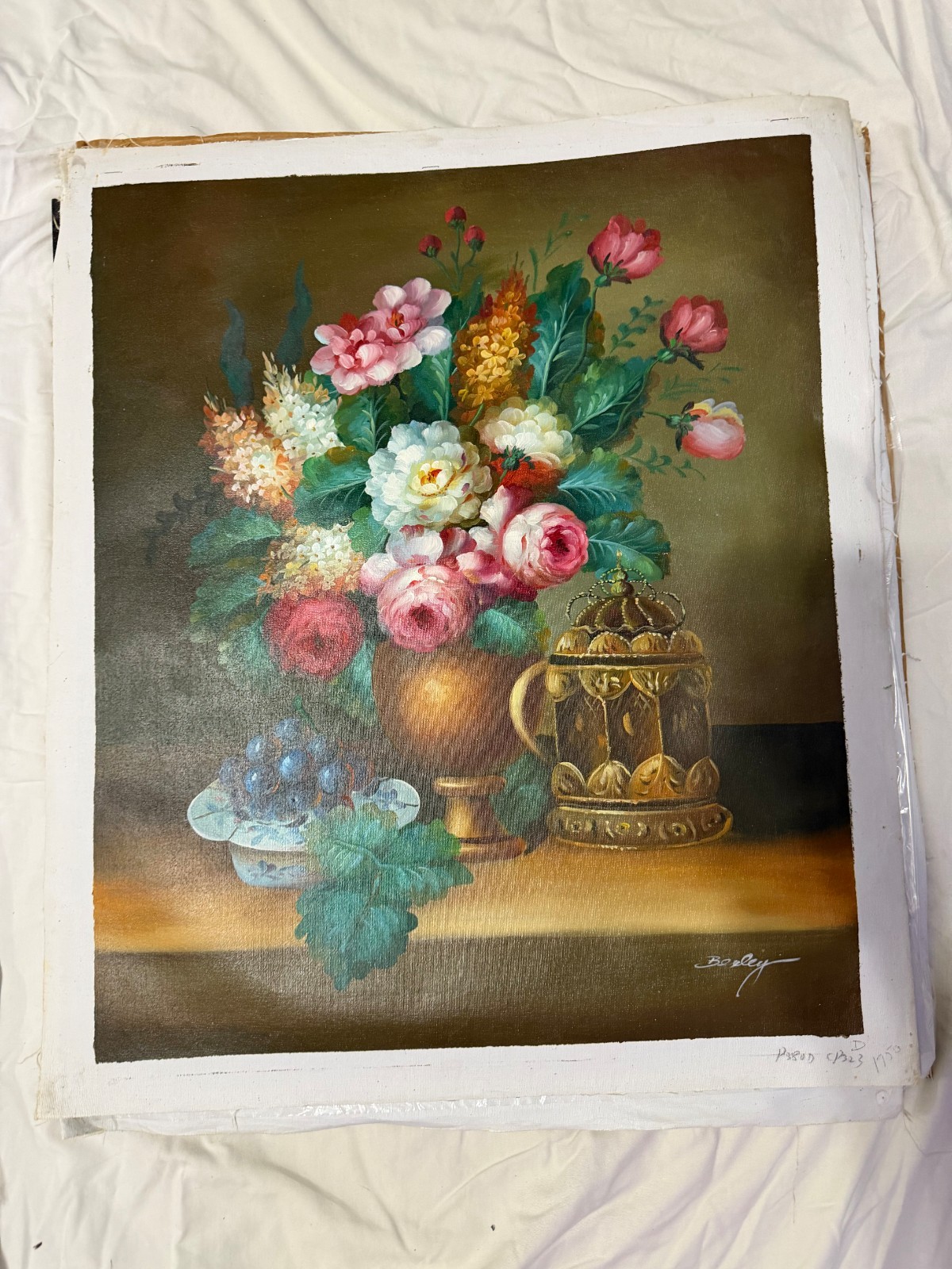 Original Floral Still Life Oil Painting Vase Grapes Vintage Art