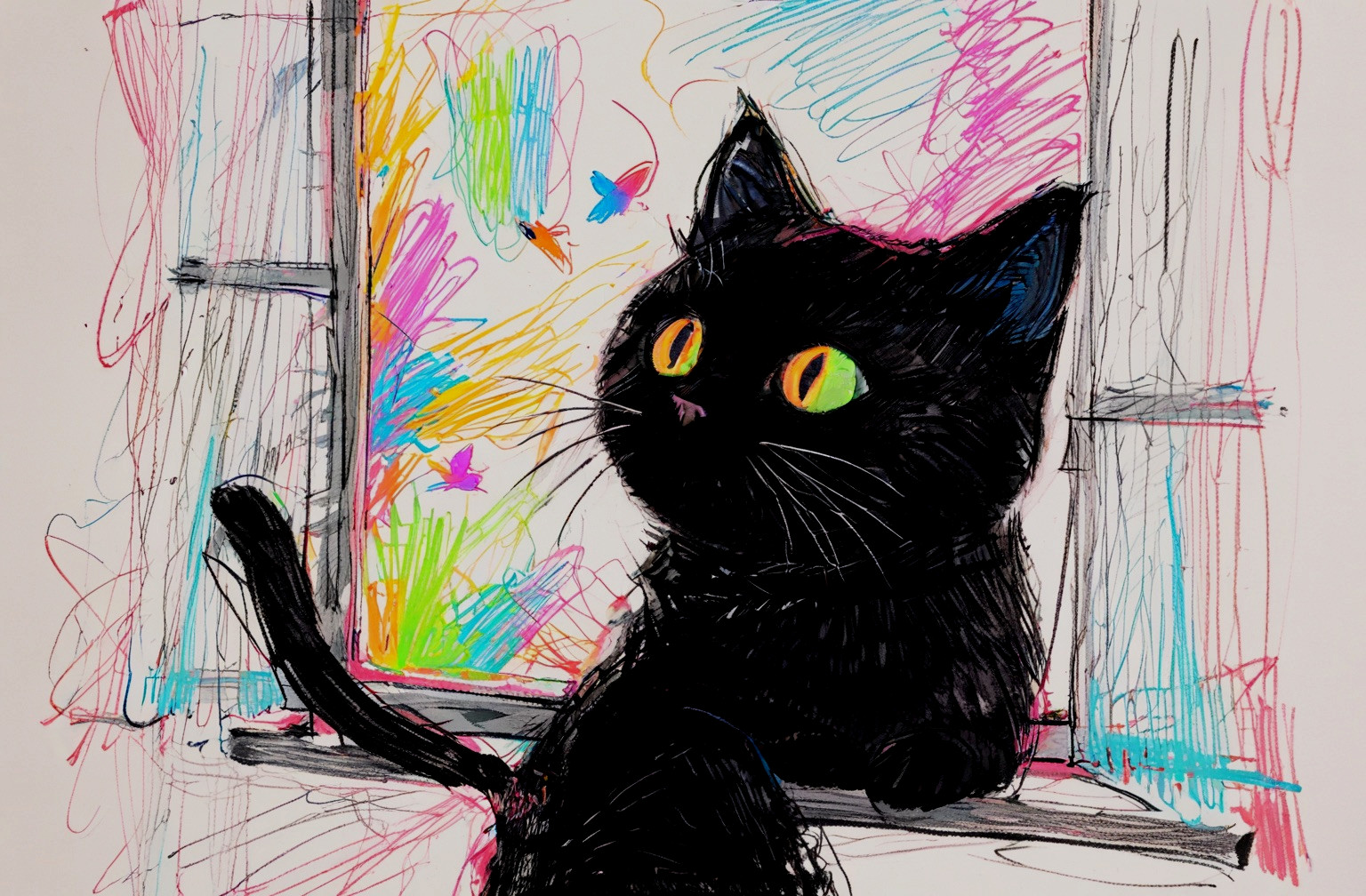ACEO *Art Print* Black Kitty Cat Baby Kitten & Blue Pink Butterflies – Saulite