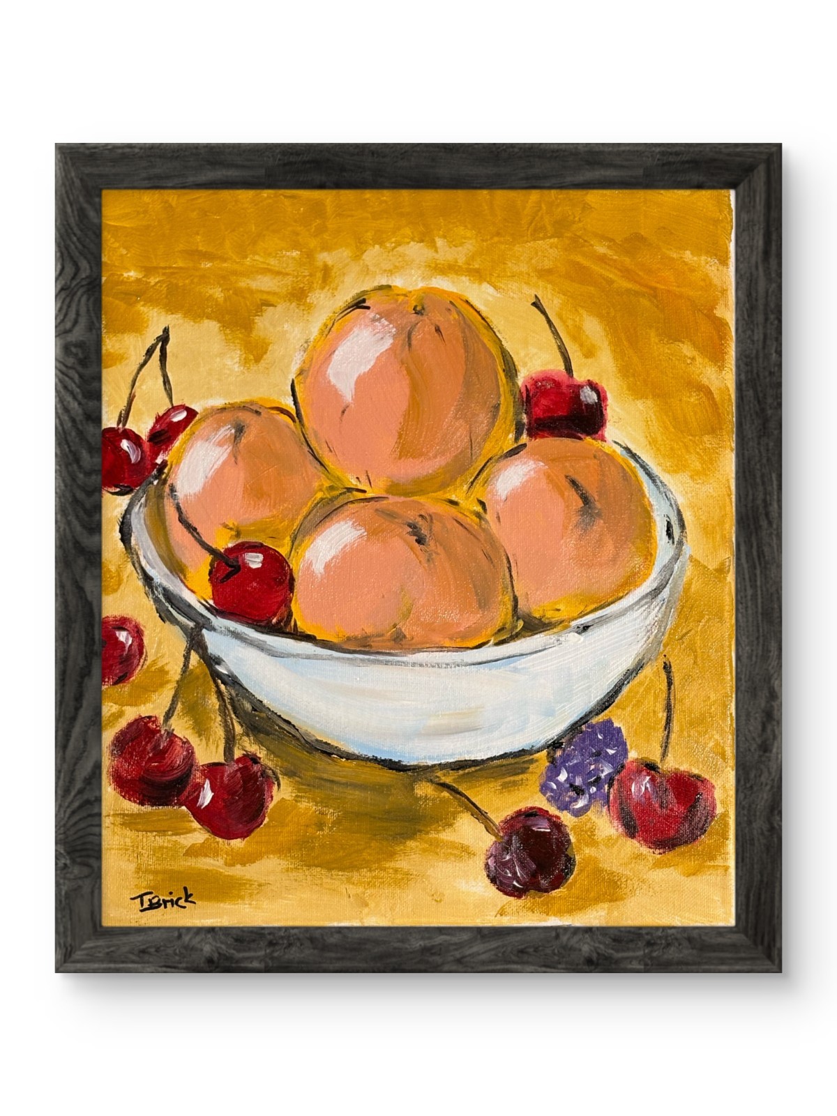 Peach Still Life Painting Original Fruit Bowl Acrylic Art Cherries Kitchen Decor