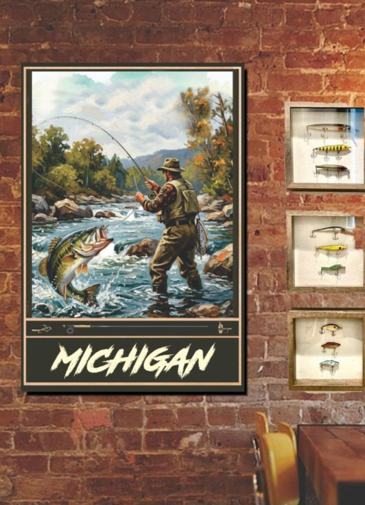 Bass Fly Fishing Travel Poster Michigan Print, Canvas, or Framed