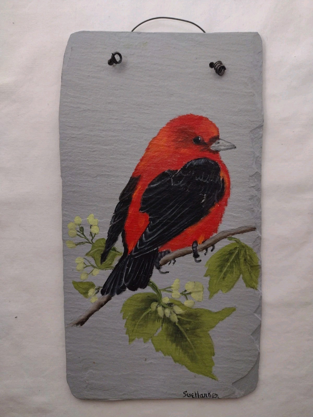 Antique Roof Slate Original Painting Scarlet Tanager Bird Artisan Wall Art 5×9″