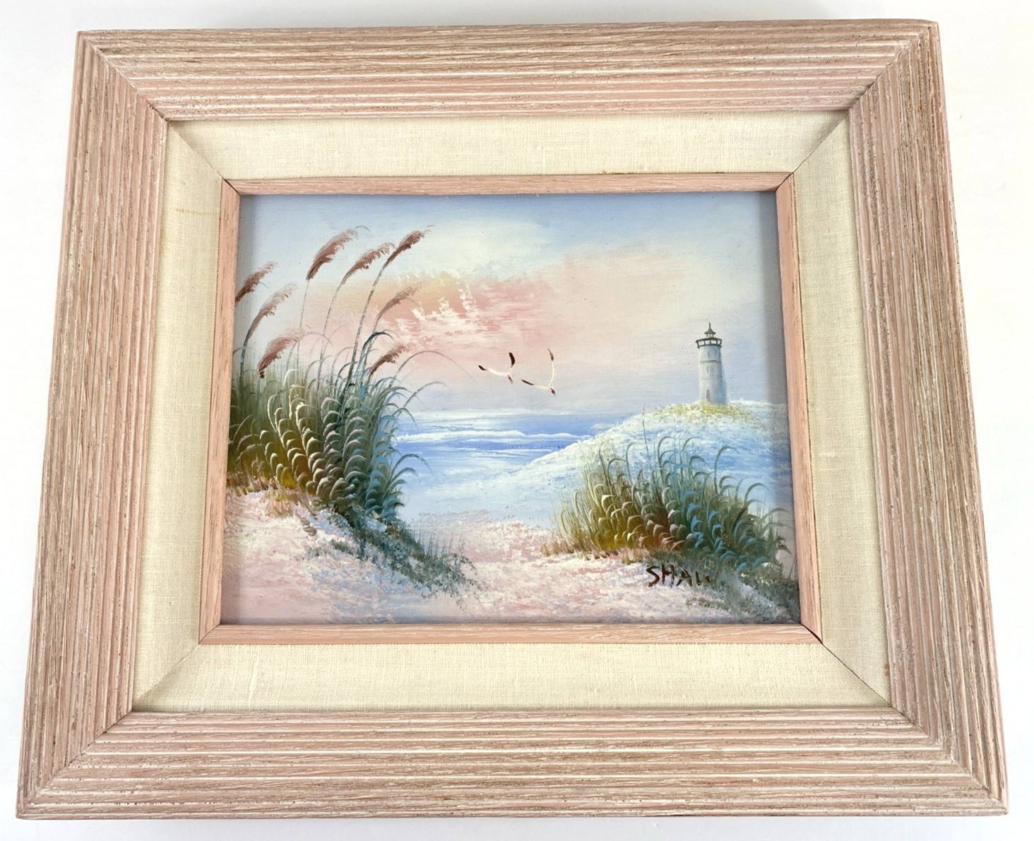 Vtg Lighthouse Painting Mini Seagulls Beach Picture Signed 13″ x 15″ Gift