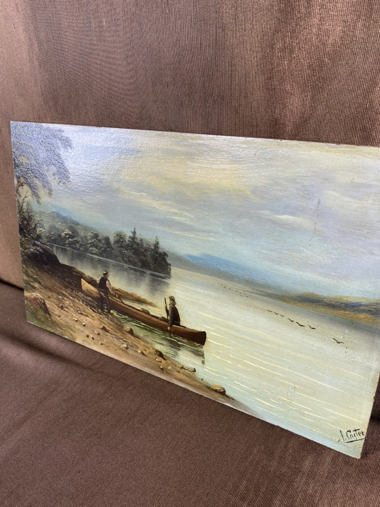 Antique Landscape Oil Painting Men In Canoe Lake Signed L Carter