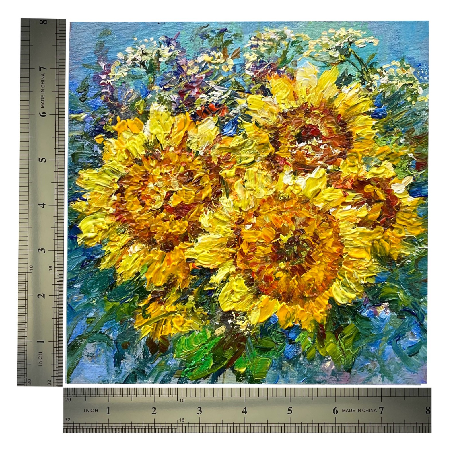 Oil Painting Sunflower Impressionism Original Textured Impasto Floral Art 6x6in