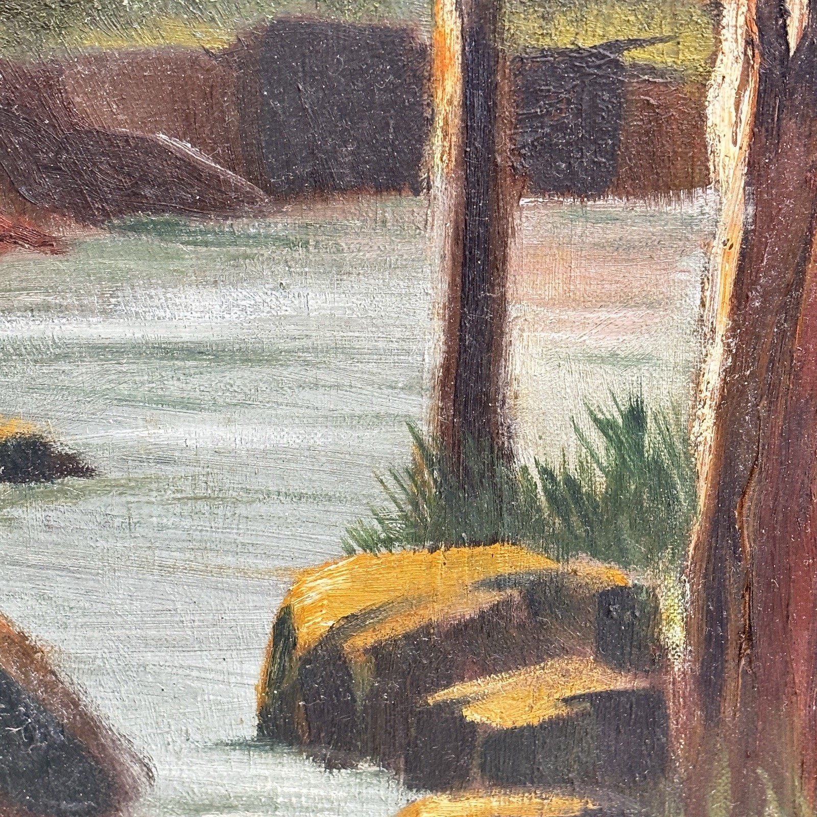 Vintage Landscape Painting River Pines Mountain Moody Oil Style Framed 21×27