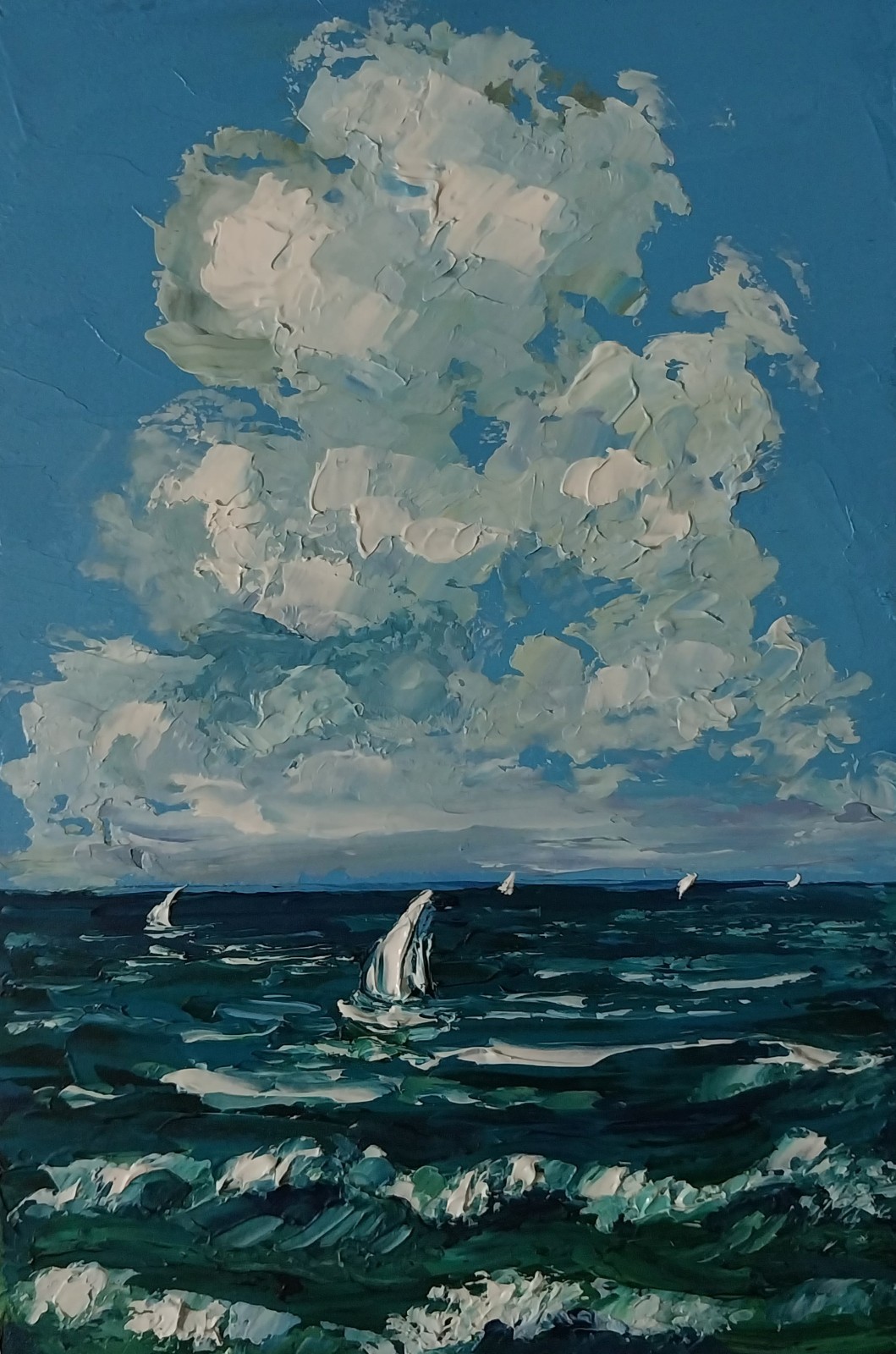 Framed Sailboats Art Cloudy Sky Seascape 4×6 inch Impasto Oil Painting Original