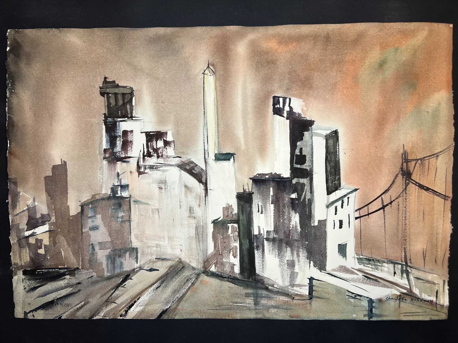 Charlotte Hoffman–Abstract Cityscape– Medium Size Mid 20th Century Watercolor