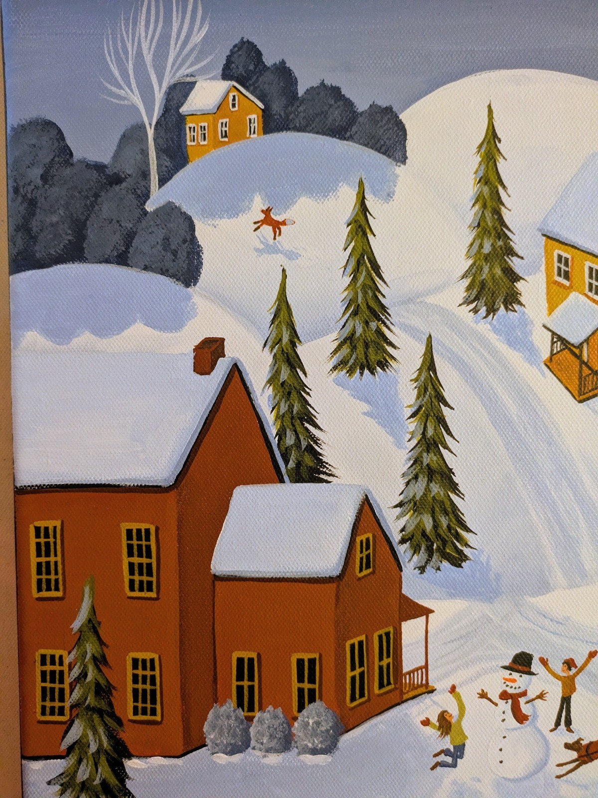 ORIGINAL PAINTING Folk Art Landscape Whimsy Cardinal Horse Dog Snow Farm Winter