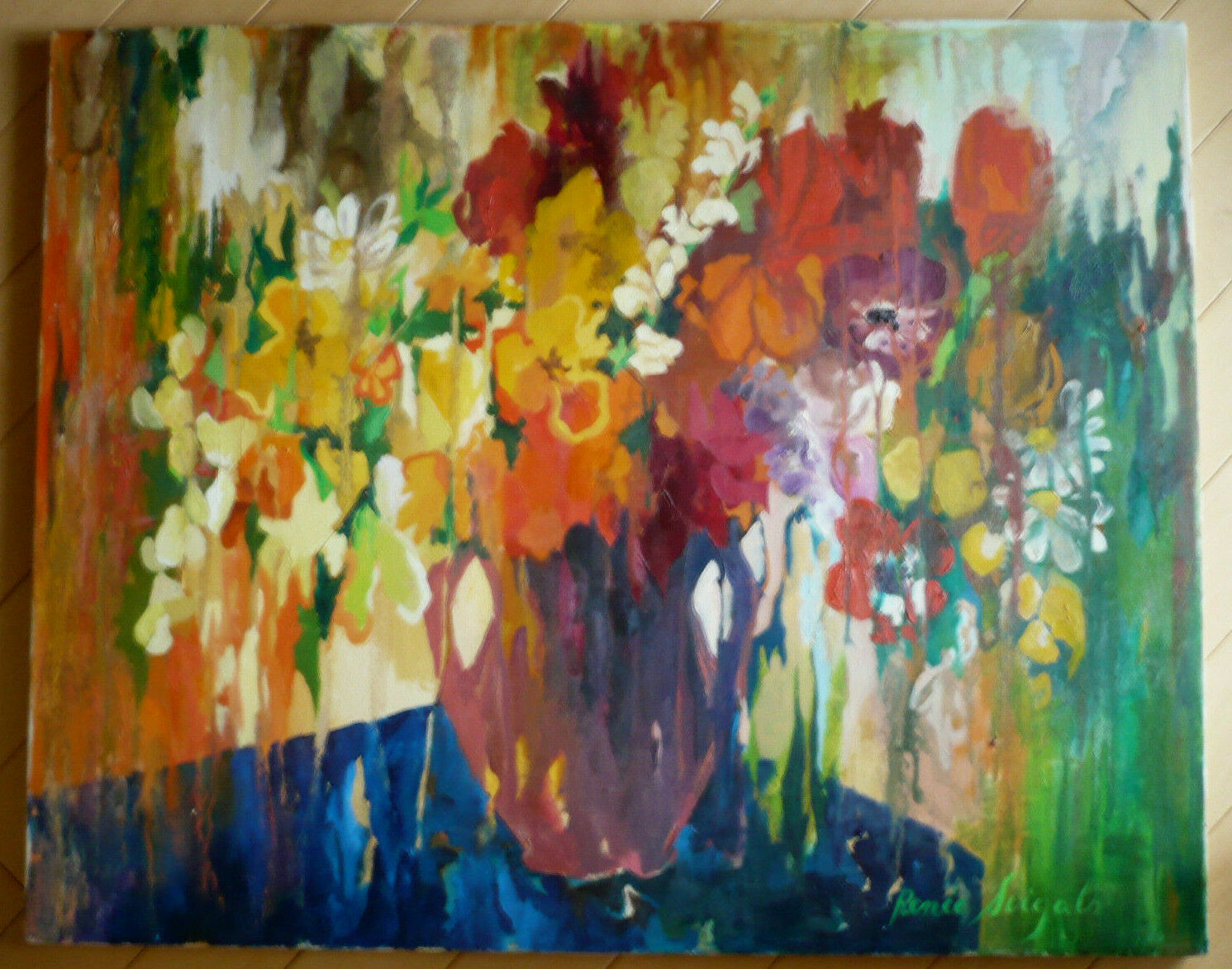 MYSTERY ILLEGIBLE SIGNATURE, FLORAL FLOWERS MODERN MODERNISM OIL COLORIST DRIP