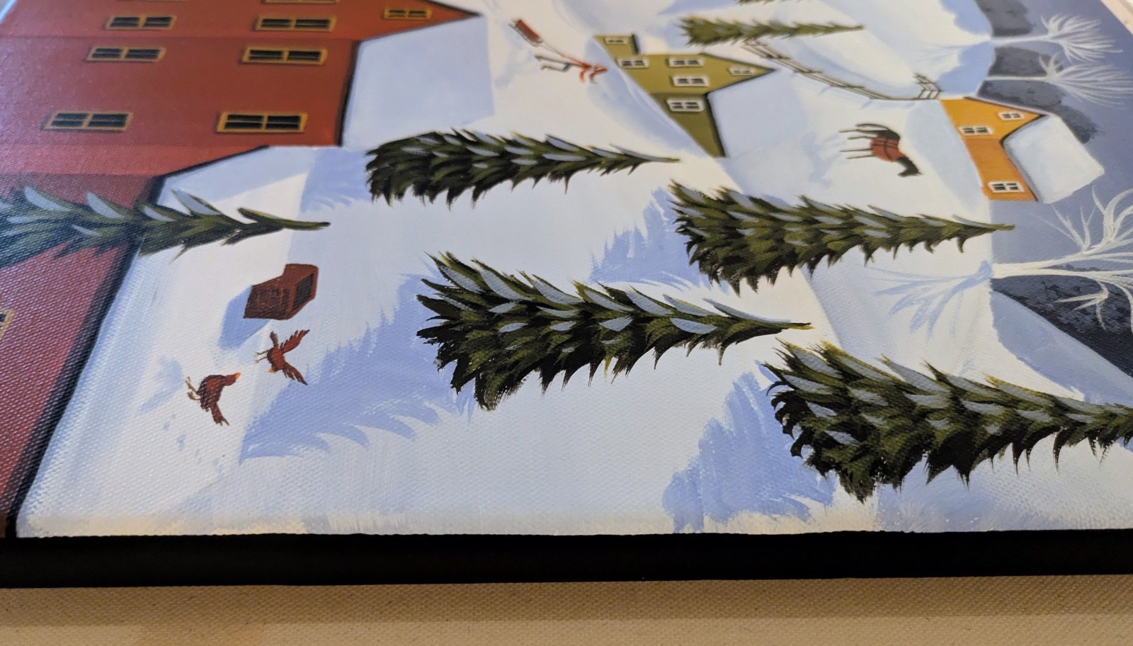 ORIGINAL PAINTING Folk Art Landscape Whimsy Cardinal Horse Dog Snow Farm Winter