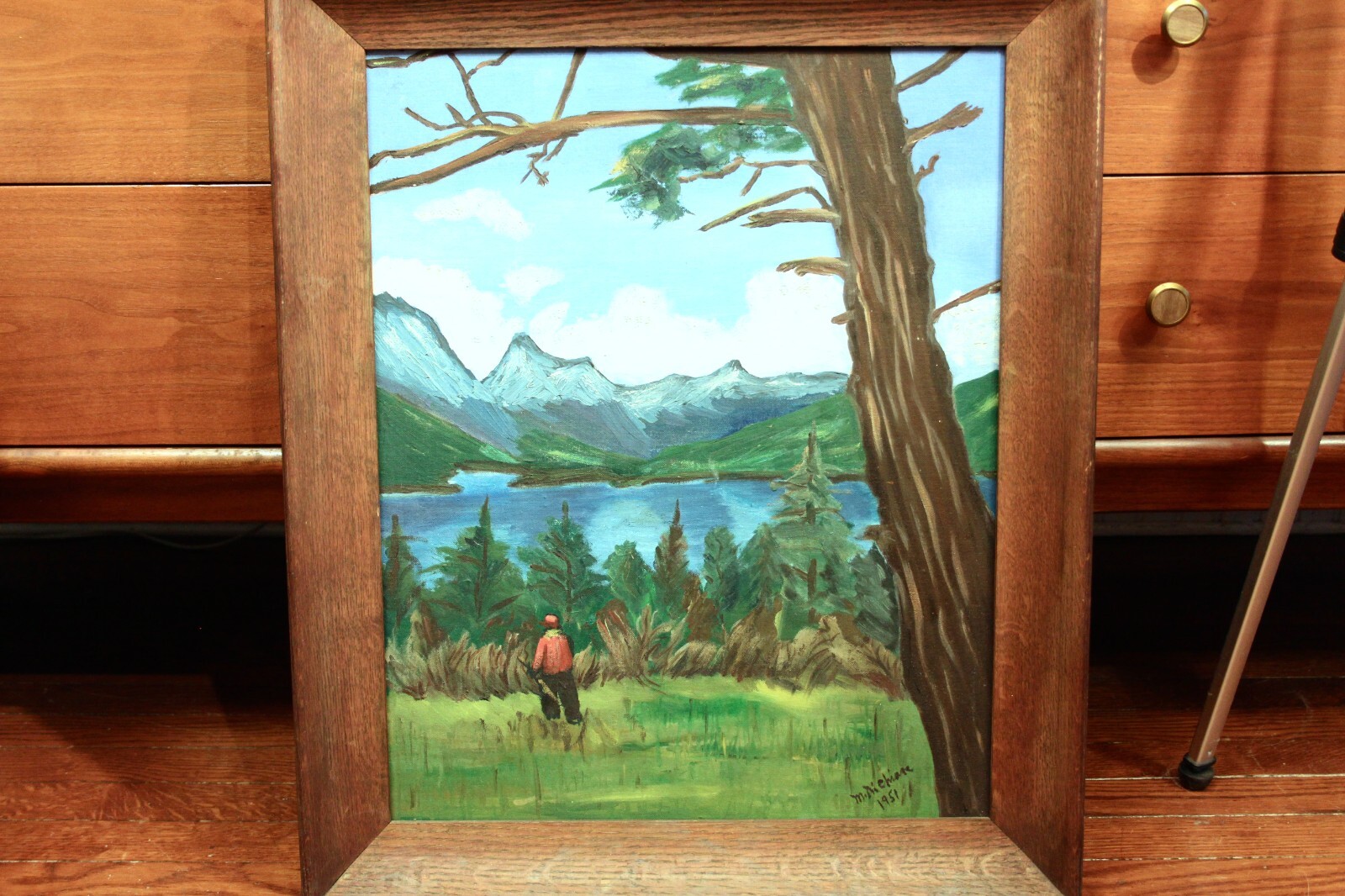 Vintage Oil Painting Folk Art Hunting Lake Mountains Framed Signed 1951 24×20″