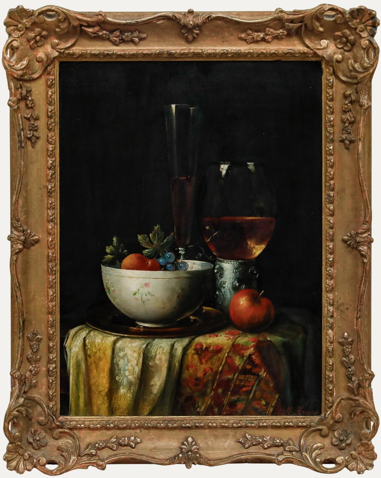 Framed 20th Century Oil – Still Life with Fruit, Pottery & Glassware