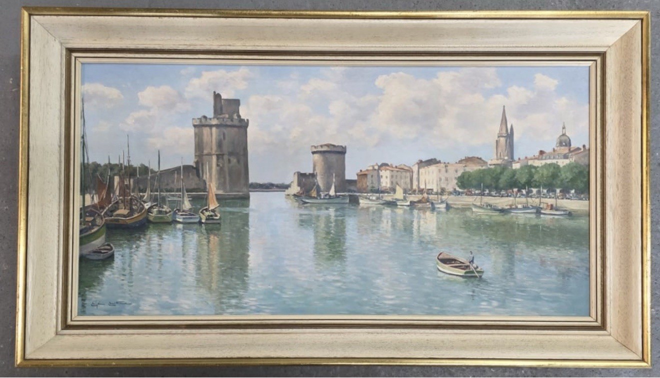 Signed Harbor Scene Oil Painting on Canvas — Framed 26”x46” — Coastal Landscape