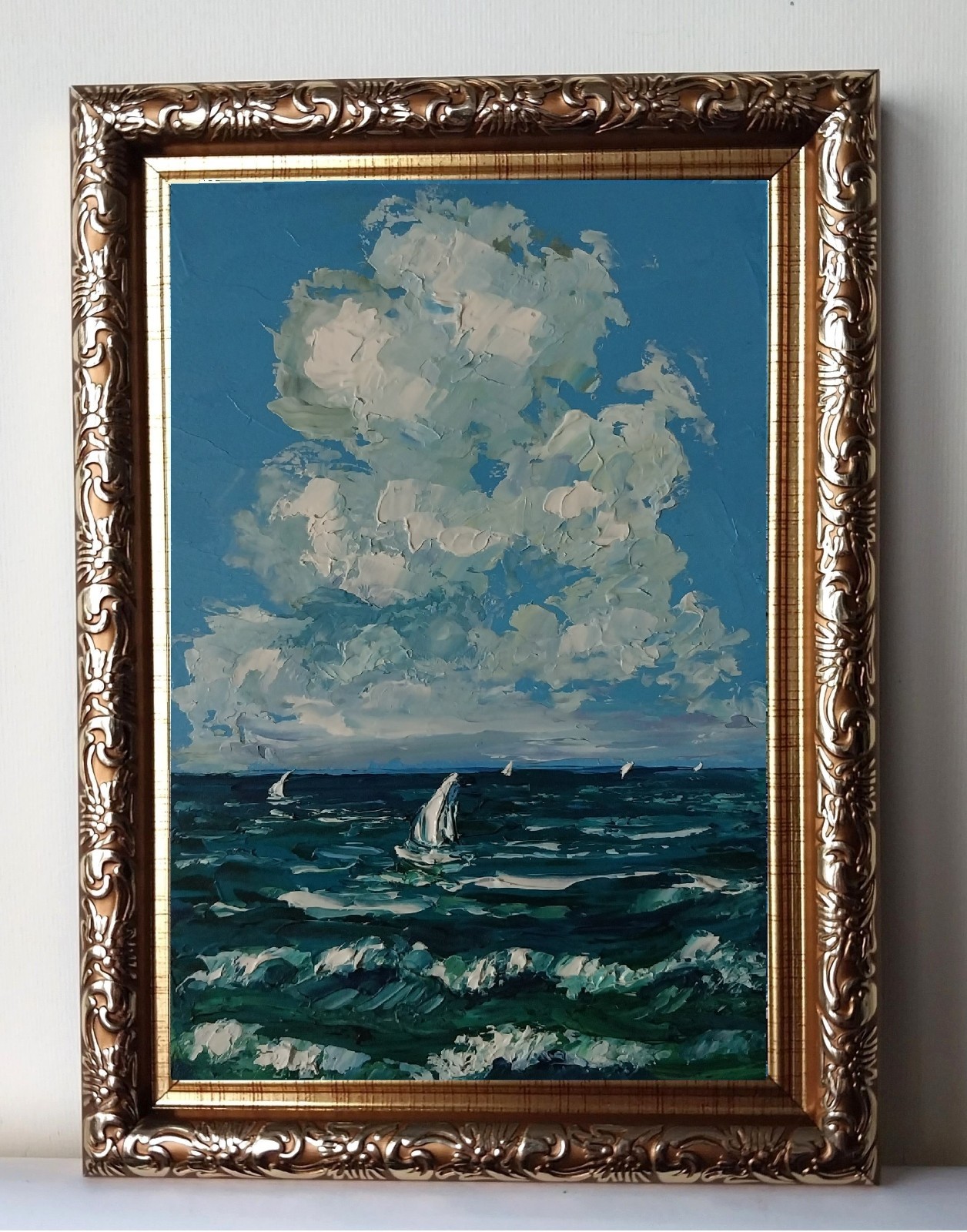 Framed Sailboats Art Cloudy Sky Seascape 4×6 inch Impasto Oil Painting Original