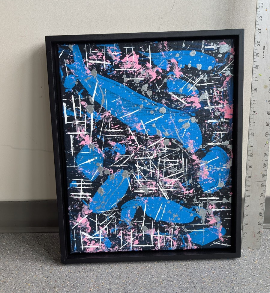 Framed Abstract Paint Splatter Painting Blue Pink on Black, 21 in, Medium