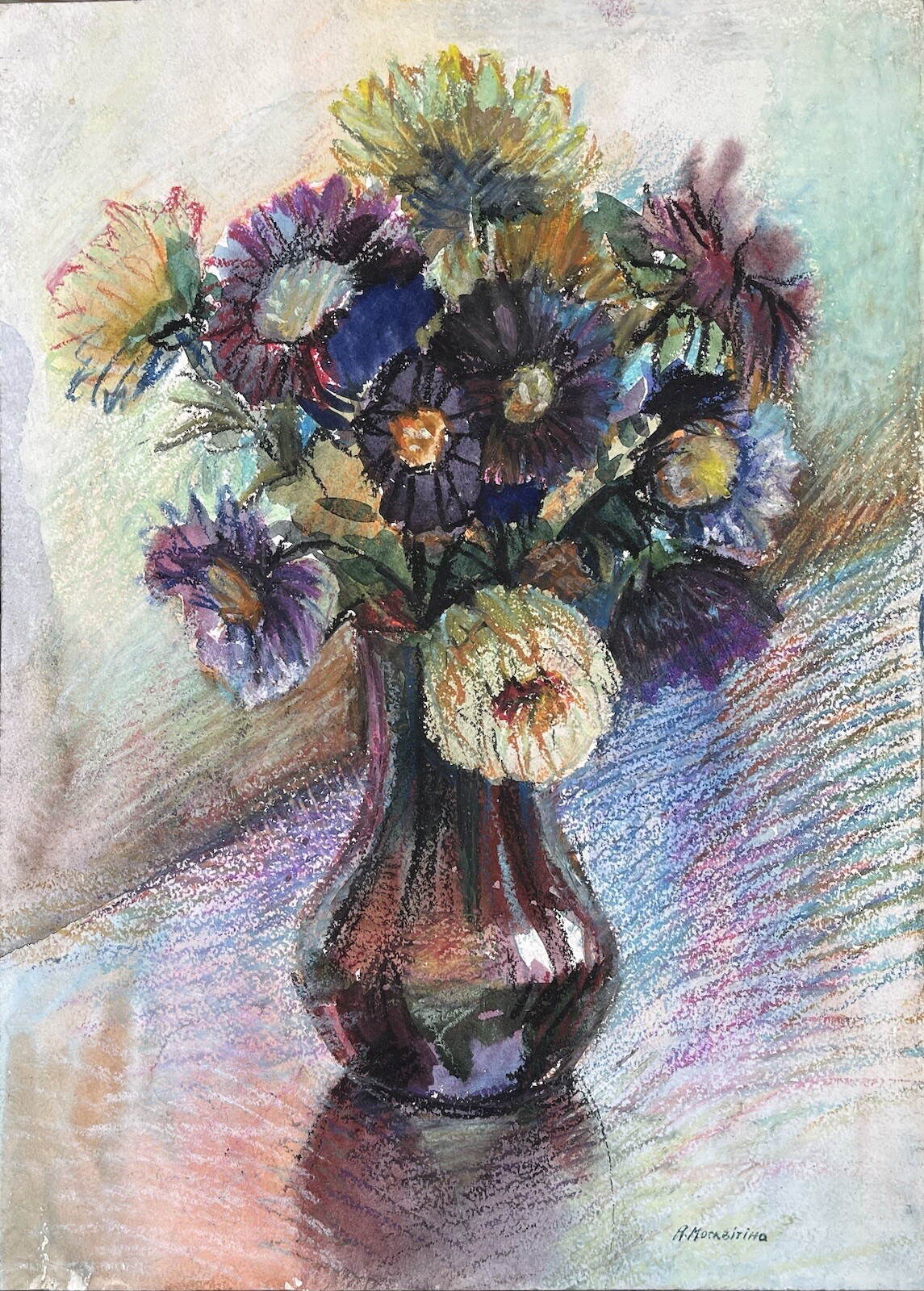 ” Asters ” ORIGINAL OIL PASTEL ART Ukraine Kharkiv