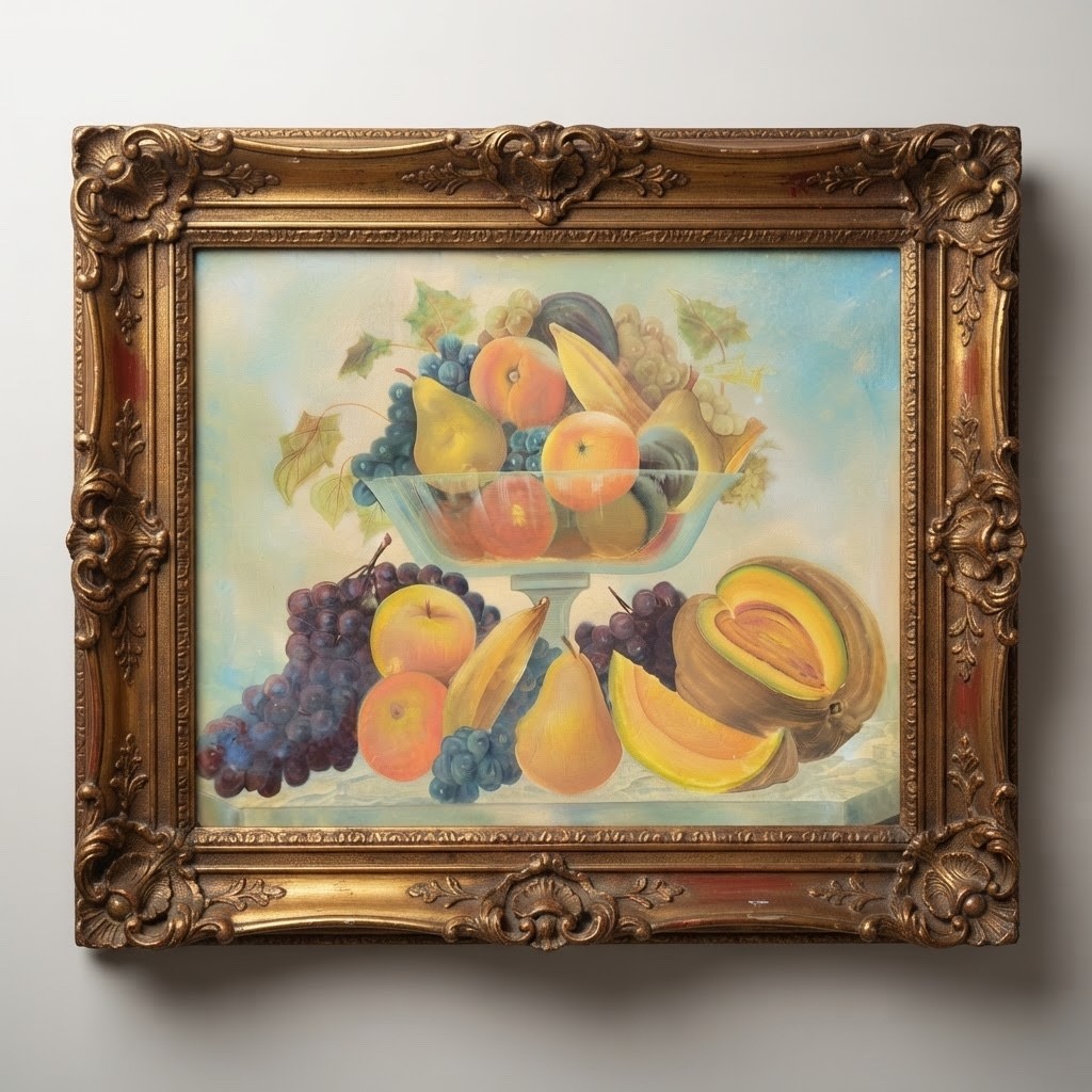 Antique Folk Art Fruit Still Life Painting On Board Primitive