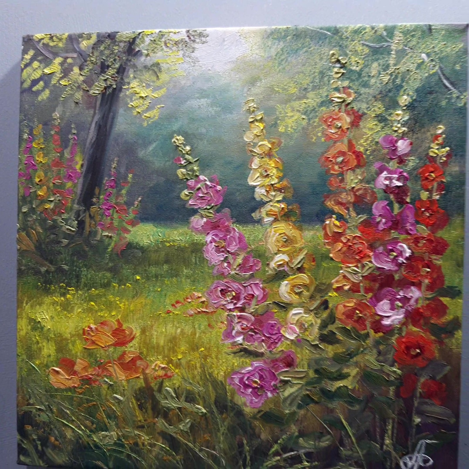 Colorful Hollyhocks Oil Painting Original Garden Flowers Wall Art Canvas 10×10