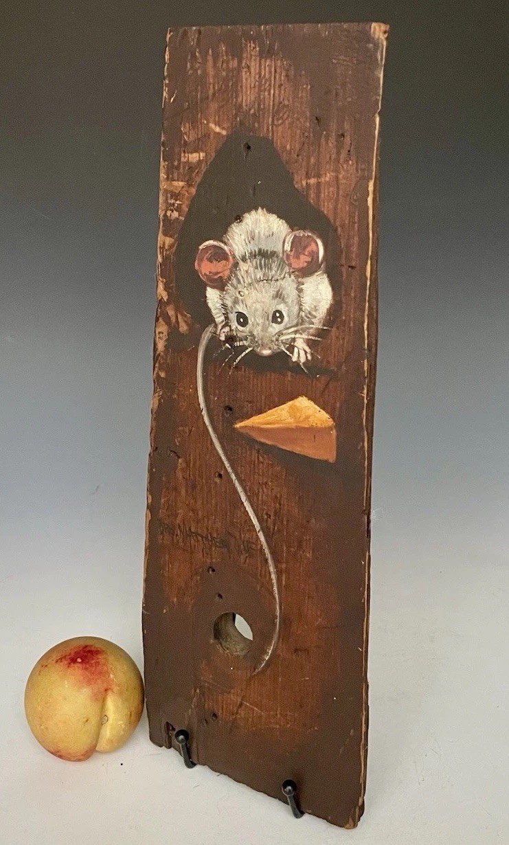 Folk Art Whimsical Mouse & Cheese, Oil on Wood Plank, Signed Brother Matthew OSF