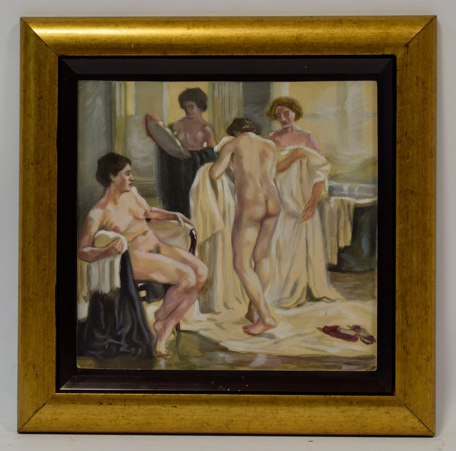 Old work after Henri Gervex (1852–1929), “In the Bath”, nude, signed watercolor.
