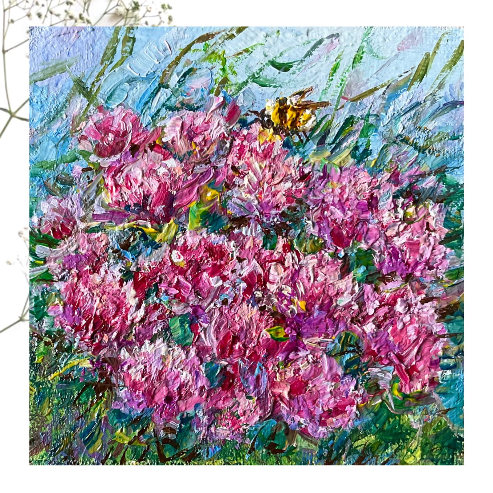Original Oil Painting Clover Wildflowers Flowers Impasto Mini Art 4х4in Signed